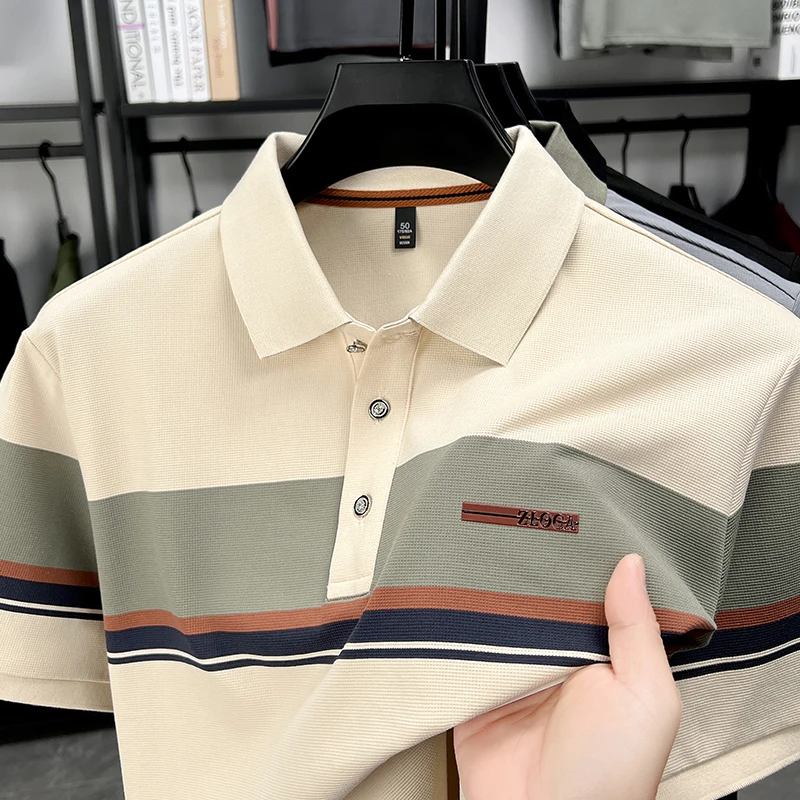 

Summer Men's Short Sleeve Polo Shirt Lapel Stripe Color Block T-shirt Breathable Quick Dry Business Casual Classic Menswear Top