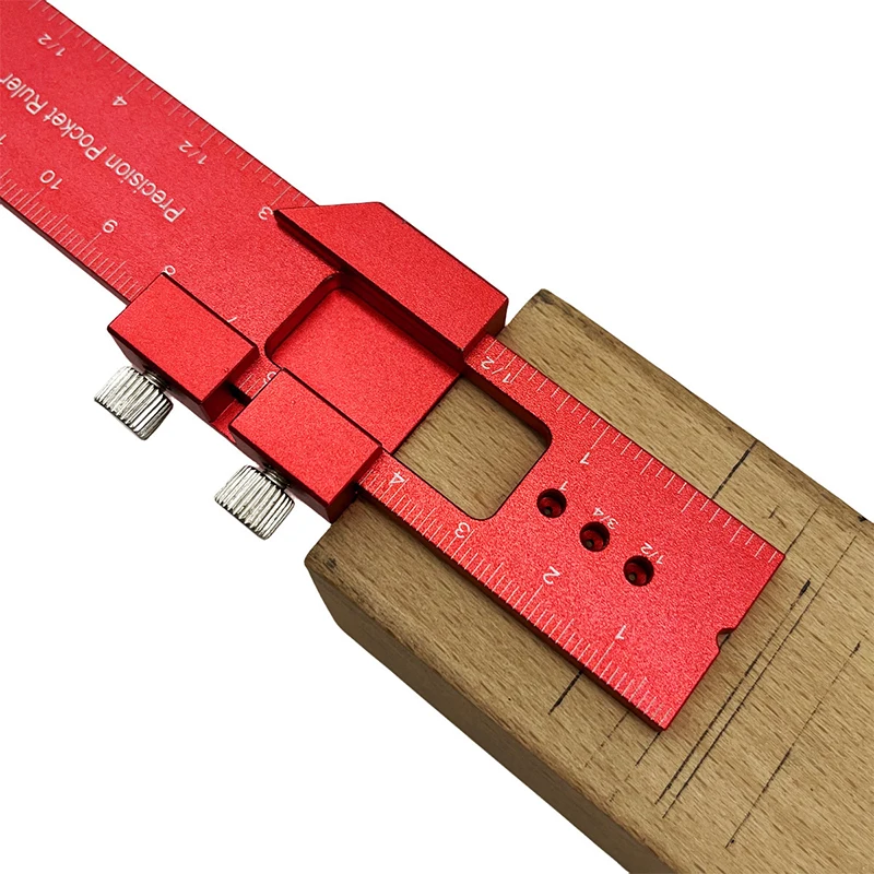 1/3PCS Red Precision T Type Pocket Ruler Inch Metric Measuring Tool With Slide Stop For Carpentry Marking Measuring Tool
