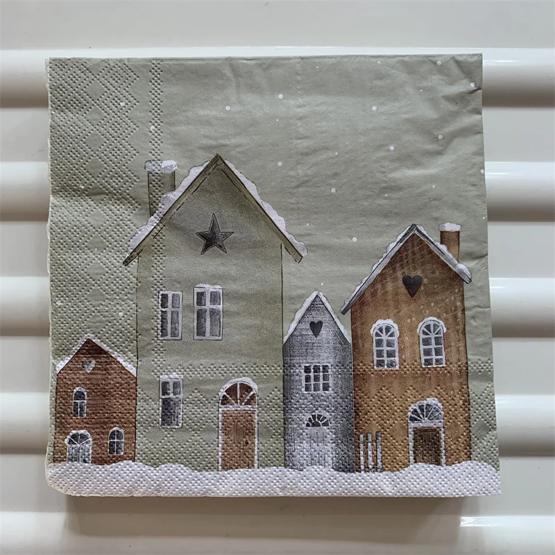 Decoupage Christmas napkins paper elegant tissue snow house castle handkerchief decoupage wedding birthday party cute decor 20