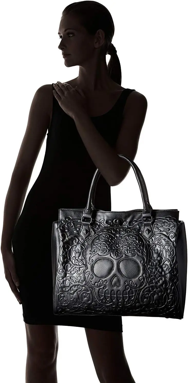 Black One Size Shoulder Tote Bag with Lattice Skull Pattern