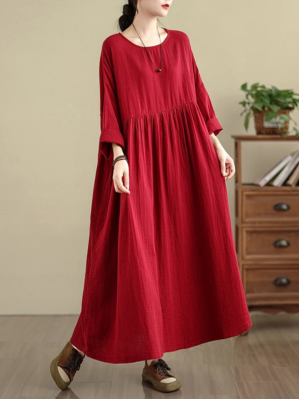 Authentic Thickened Long Sleeve Cotton Dress Skin-friendly Retro All-match Large Size Maxi Dress Commute Style Loose Waist