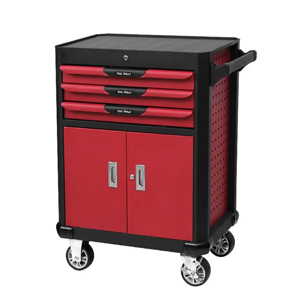 

Tool Chest, Rolling Tool Storage Cabinet with 3 Drawers,1 Cabinet, Liner, Lockable Wheels, Side Hooks, Locking Mechanism, Metal