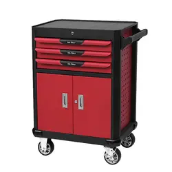 Tool Chest Rolling Tool Storage Cabinet with 3 Drawers 1 Cabinet Liner Lockable Wheels Side Hooks Locking Mechanism Metal