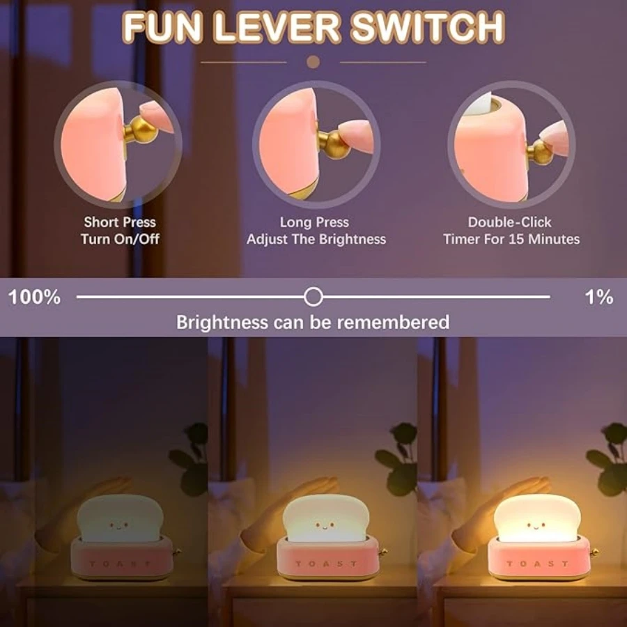 Toaster Night Light Lamp Rechargeable Small Lamps with Smile Face Cute Bread Shape for Bedroom