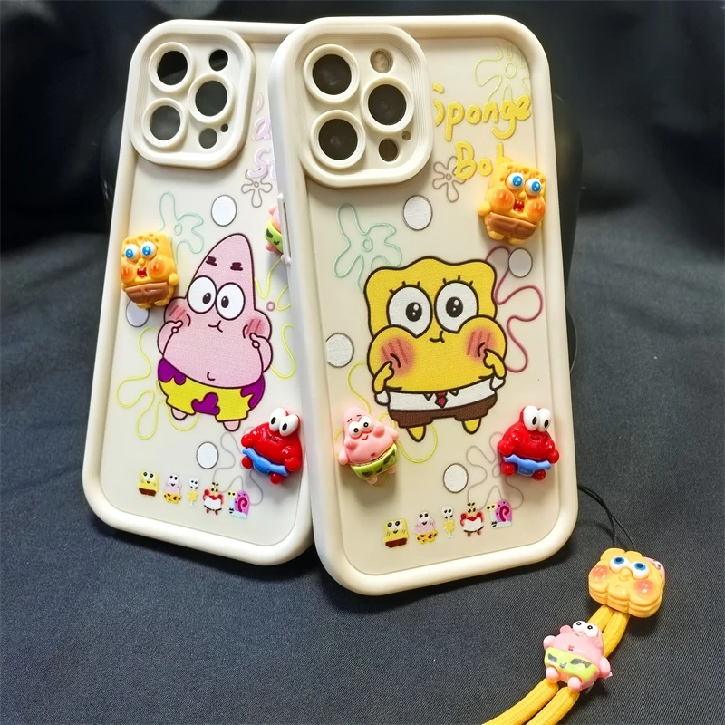 For iPhone 16 15 14 13 Pro Max 12mini 11 Xr Xs 7 8 Plus 6 SE Cartoon SpongeBob Patrick Star Toy Phone Case Hand Strap Soft Cover