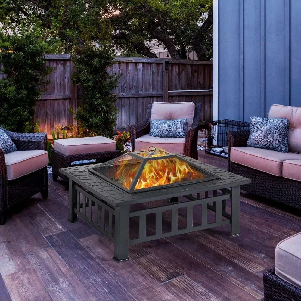 Fire Pit Table Outdoor Wood Fire Pits Fire Pits for Outside Patio Square Steel Stove with Mesh Screen, Waterproof Cover & Poker