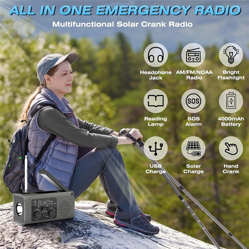 Emergency Radio Hand Crank Radio Multi-Function AM/FM/NOAA Solar Hand Crank Emergency Radio SOS Alarm 4000Mah