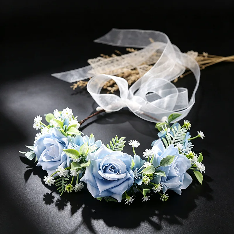 Haze Blue Flower Hair Hoop with Long Tulle Ribbon for Outdoor Wedding Engagement Women Girls Headwear