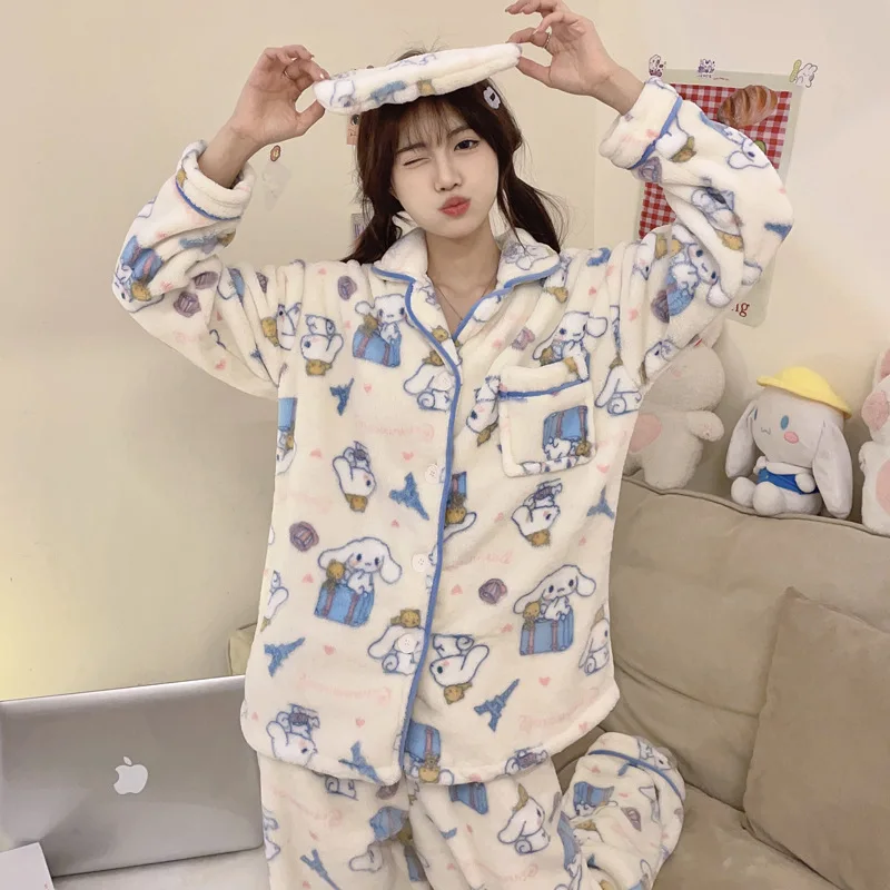 Sanrio Female Flannel Cardigan Thickening Long Sleeves Pajama Set Kawaii Cinnamoroll Comic Student Keep Warm Go Out Leisure Wear