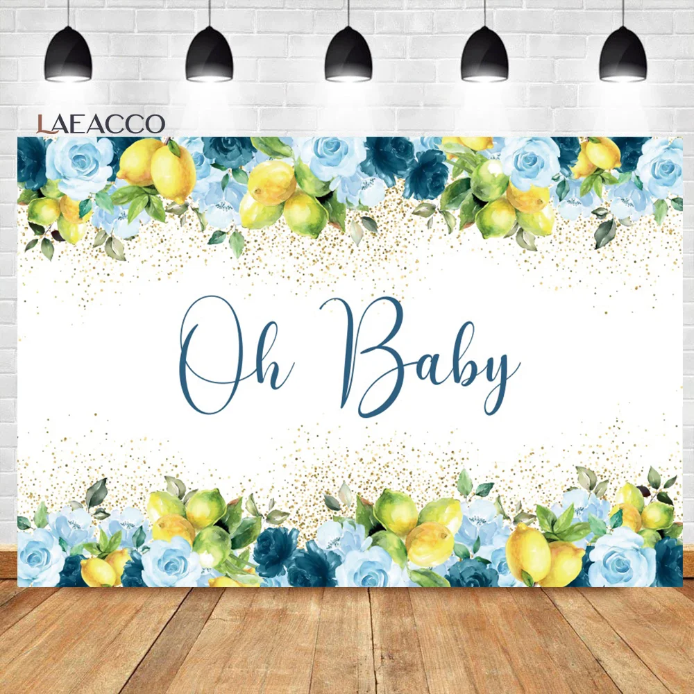 

Laeacco Orange Baby Shower Backdrop Watercolor Blue Floral Newborn Kids Birthday Customized Portrait Photography Background