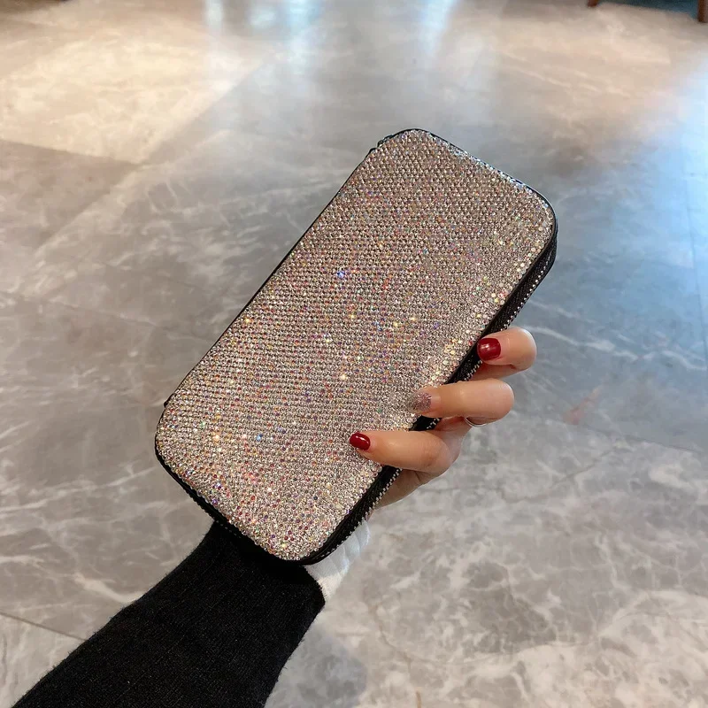 

Bling Rhinestones Wallet Long Zip Ladies Clutch Single Side Rhinestone Card Organizer Shiny Leather Credit Card Holder Card bag