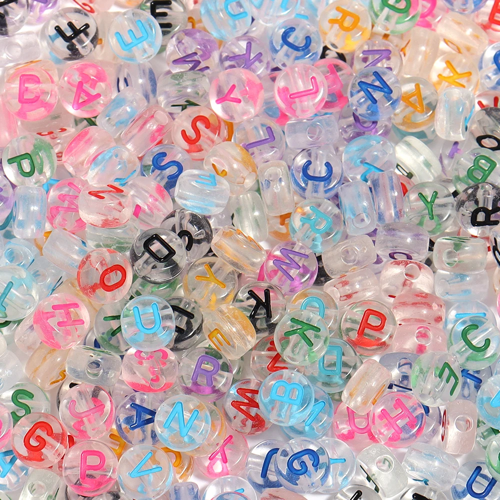 100pcs 7mm Acrylic Letter Beads Colorful Transparent Flat Round Alphabet Beads For Jewelry Making DIY Bracelet Necklace Supplies