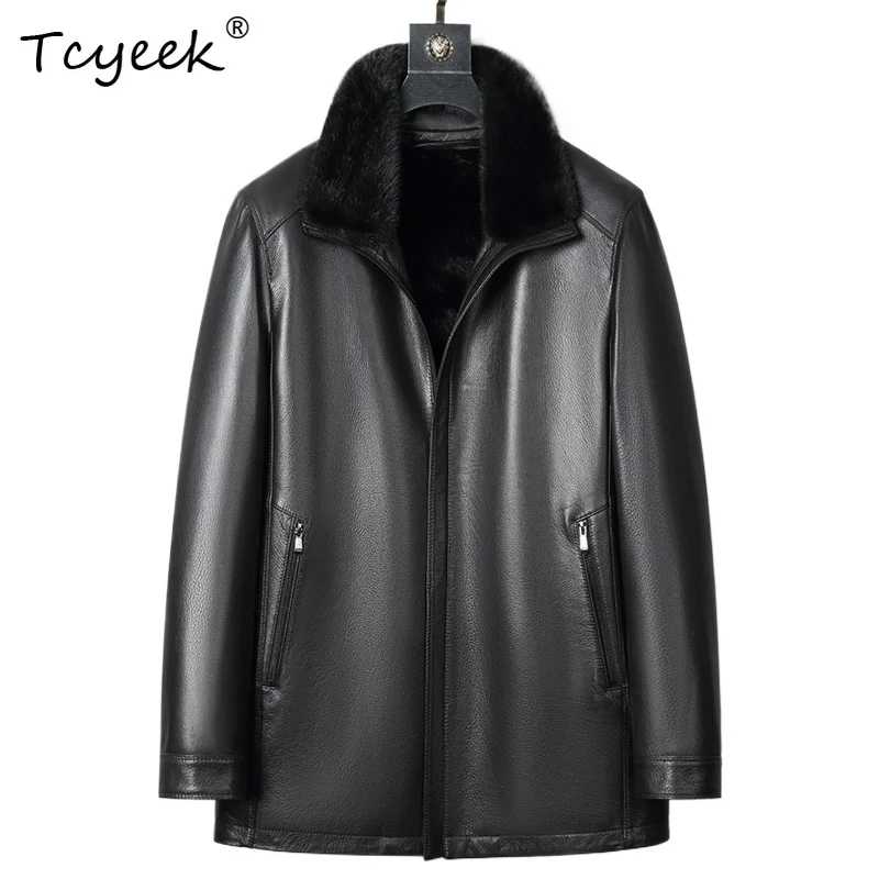 

Tcyeek Goatskin Осень Зима Модный норковый воротник Черный Короткий мужской пуховик из натуральной кожи Chaqueta Cuero Hombre 가죽 자켓