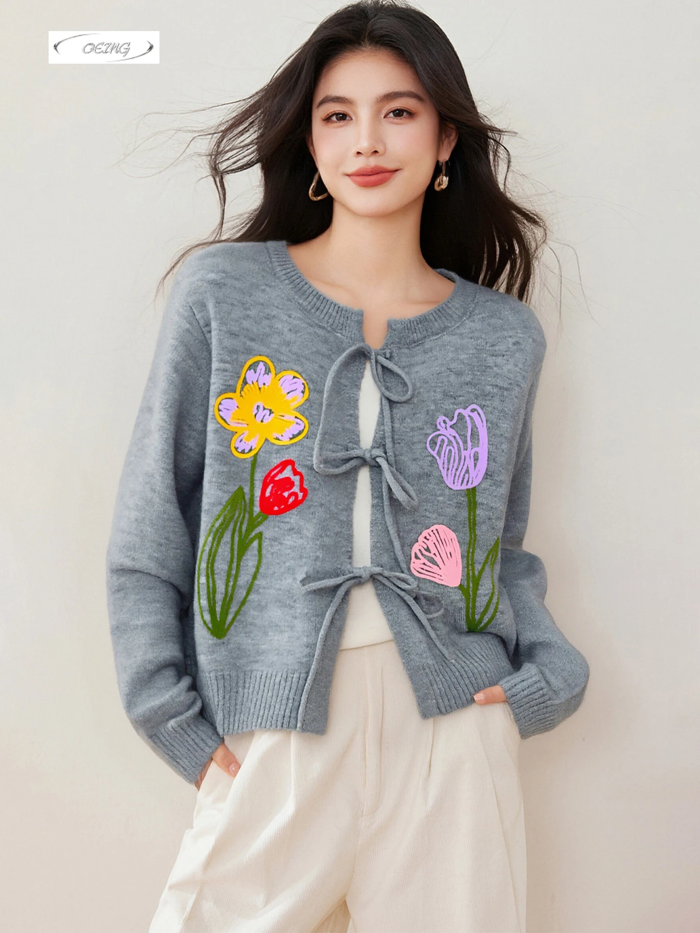 

Серый вязаный кардиган на шнуровке с цветочной вышивкой и длинными рукавами, свитер, женский осенне-зимний новый элегантный свободный трикотаж, топы 9808