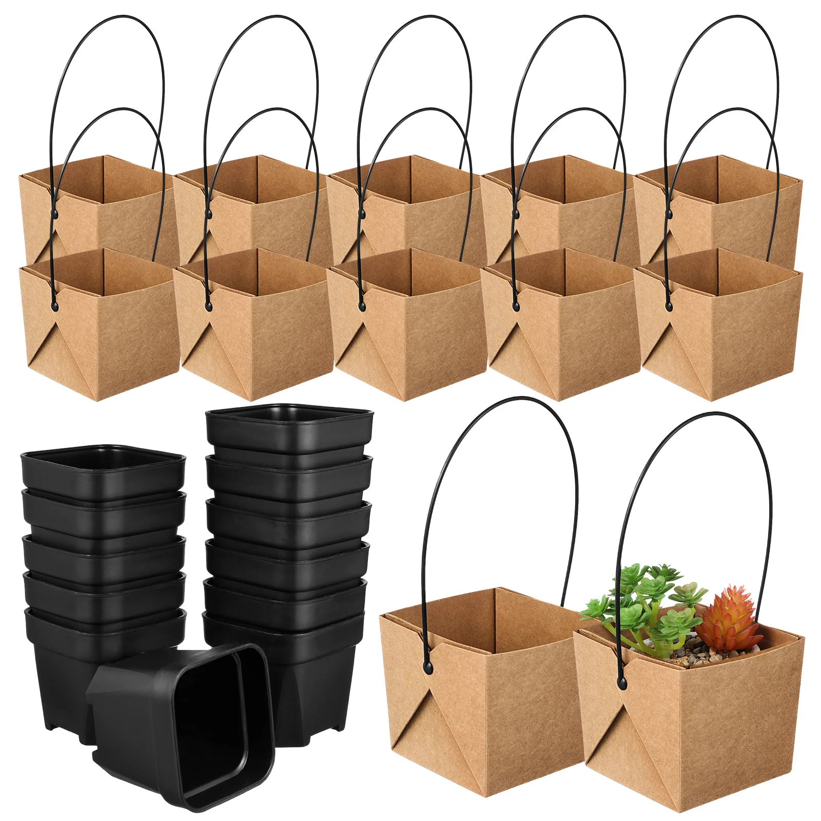 

12Sets Handle Paper Planter Bags with Plastic Succulent Pots Compact Draining Containers for Crafts Wedding Guest Favors Indoor