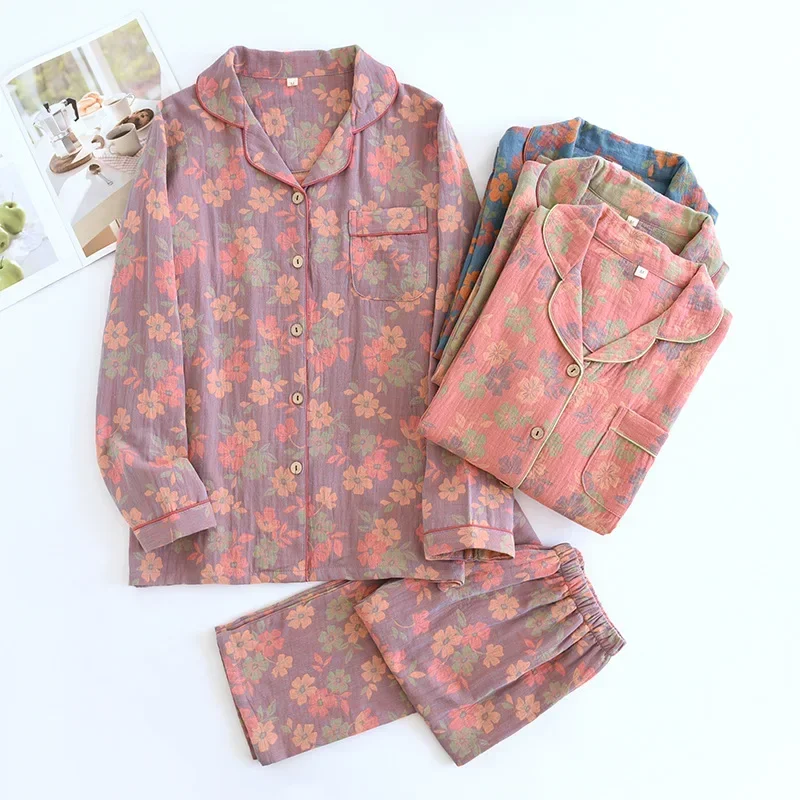 2026 New Spring and Autumn Women\'s Pajama Set 100% Cotton Jacquard Collar Flower Long Sleeve Long Pants Two Piece Home Clothes