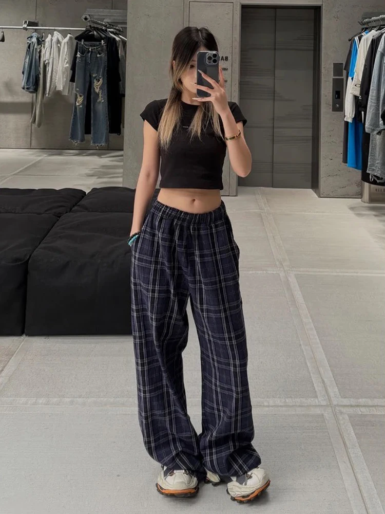 

Ba Home Lazy Sle Plaid Pants Men Summer Thin American Retro Loose Wide Leg Straight Casual Trousers Breathable Comfortable