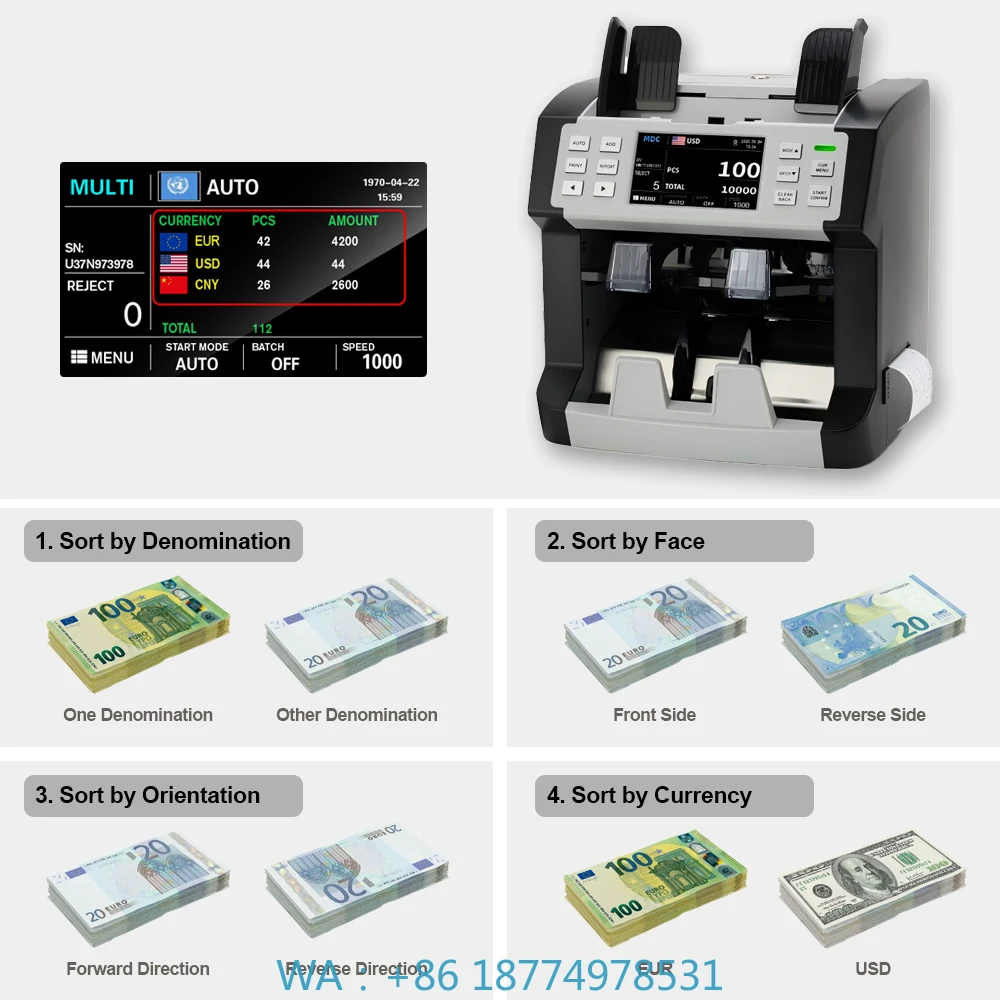 Sorter with Dual CIS Multi-Currency Money Counter Bank Grade P200 Banknote