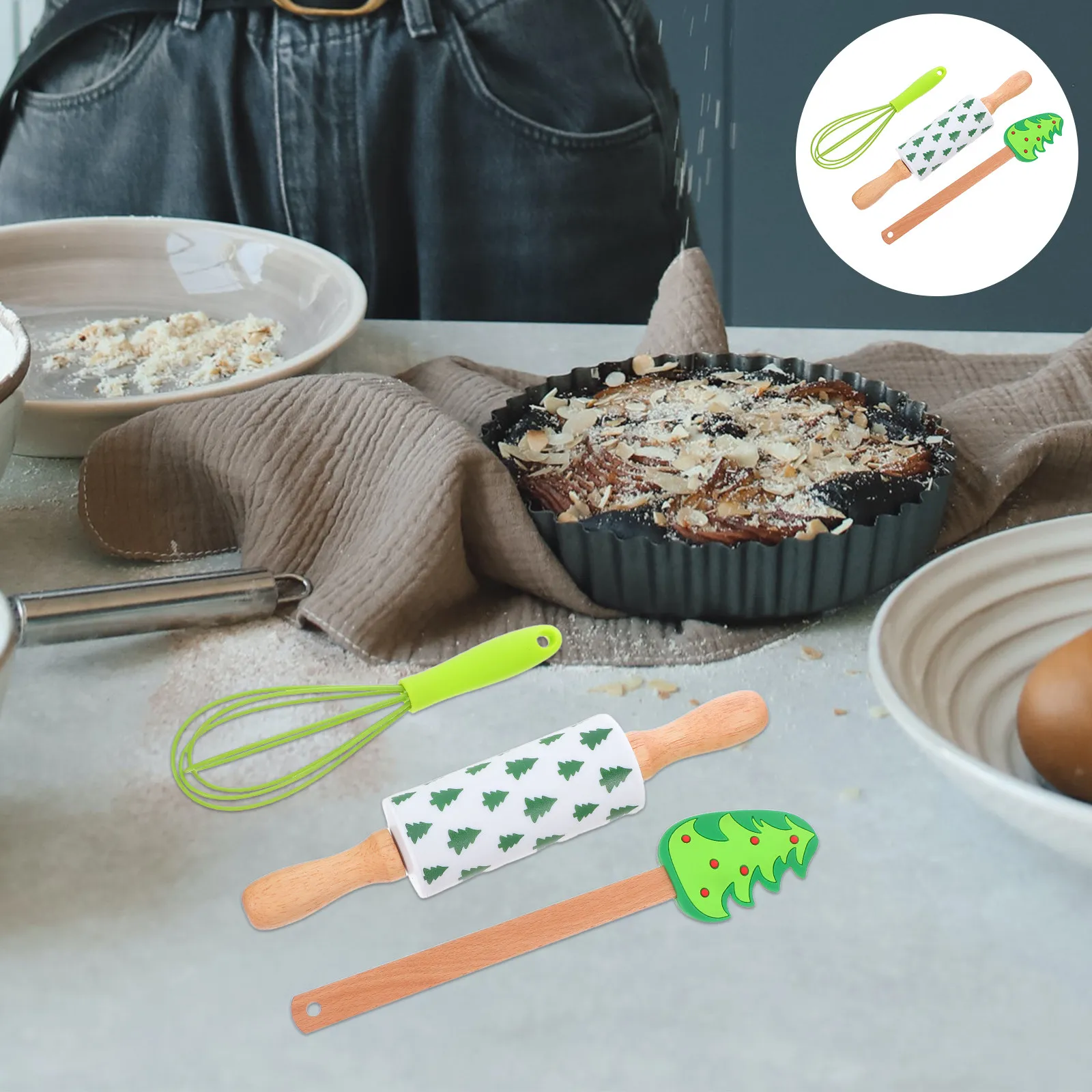 

3Pcs Silicone Holiday Baking Tool Set Christmas Rolling Pin Non-Stick Heat Resistant Kitchen Utensils for Cookies