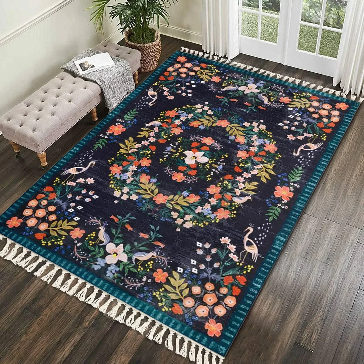 Carpet for Living Room Advanced Art Floral Pattern Non-slip Coffee Table Tassel Rug Machine Washable Folding Bedroom Mat 거실 카펫