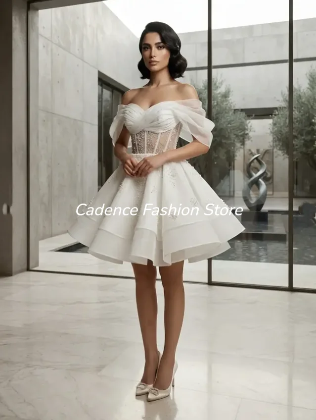 Elegant White Short Bridal Gown Off-the-Shoulder Pleated Sheer Detail A-line Beaded Wedding Dress Customized vestido de novia