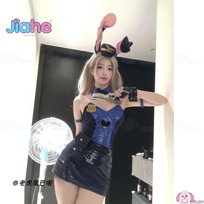 

Judy Hopps Cosplay Officer Bunny Costume Judy 2025 New Leather jumpsuit dress waist bag hat set Halloween women sexy uniform