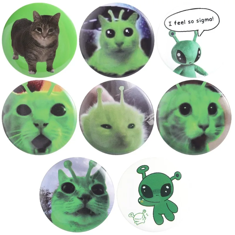 8styles Alien Cats Tinplate Pins Funny Animal Badge Cute Kitten Lapel Brooches Clothes Bag Jewelry Gift for Friends