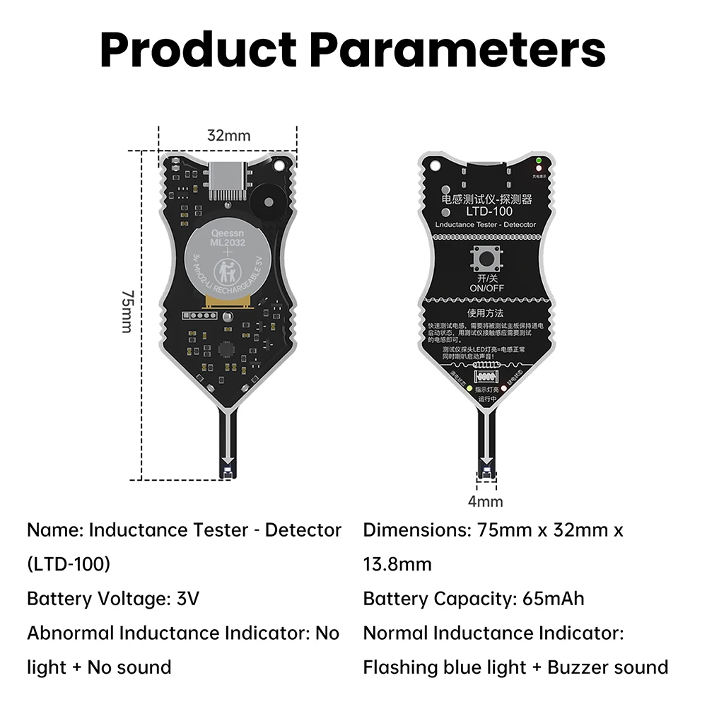 LTD-100 Rechargeable Inductance Tester with Type C Port Waterproof Design for Motherboard Coil Testing and Electromagnetic Check