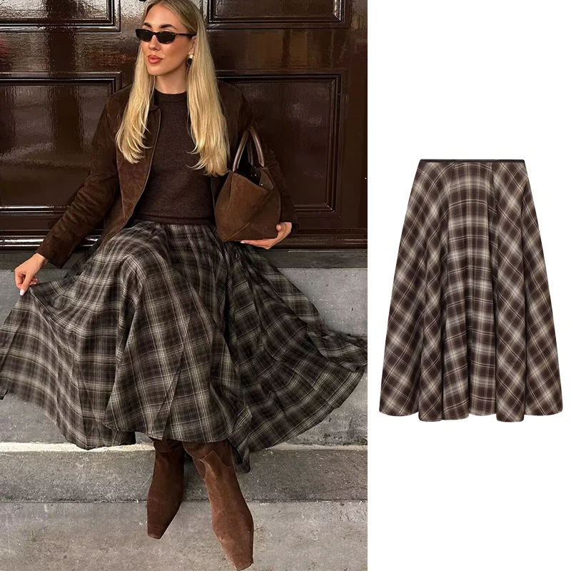 

Women Wrinkle Skirts 2025 Women Summer Autumn New Fashion Leisure Checkered Print Skirts Women Elegant High Waist Skirts