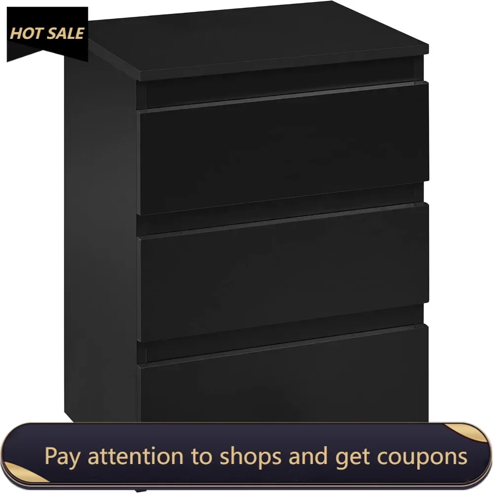 

Nightstand with Drawer, 3 Drawers Bedside Table with Sturdy Base, Wood Bedside Cupboard Accent Table, Black Freight free