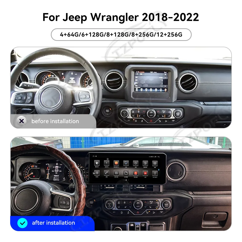 

12,3-дюймовая беспроводная автомагнитола с CarPlay и Android Auto для Jeep Wrangler 2018–2022 с GPS-навигацией и сенсорным экраном