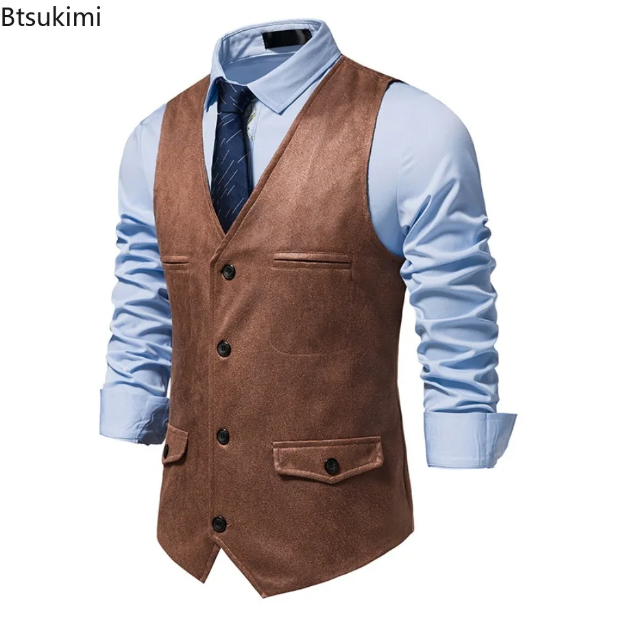 Pakaian Pria Fashion Rompi Setelan Suede Kualitas Tinggi Rompi Formal Bisnis Tanpa Lengan Leher V Pria Rompi Gaun Pesta Pernikahan