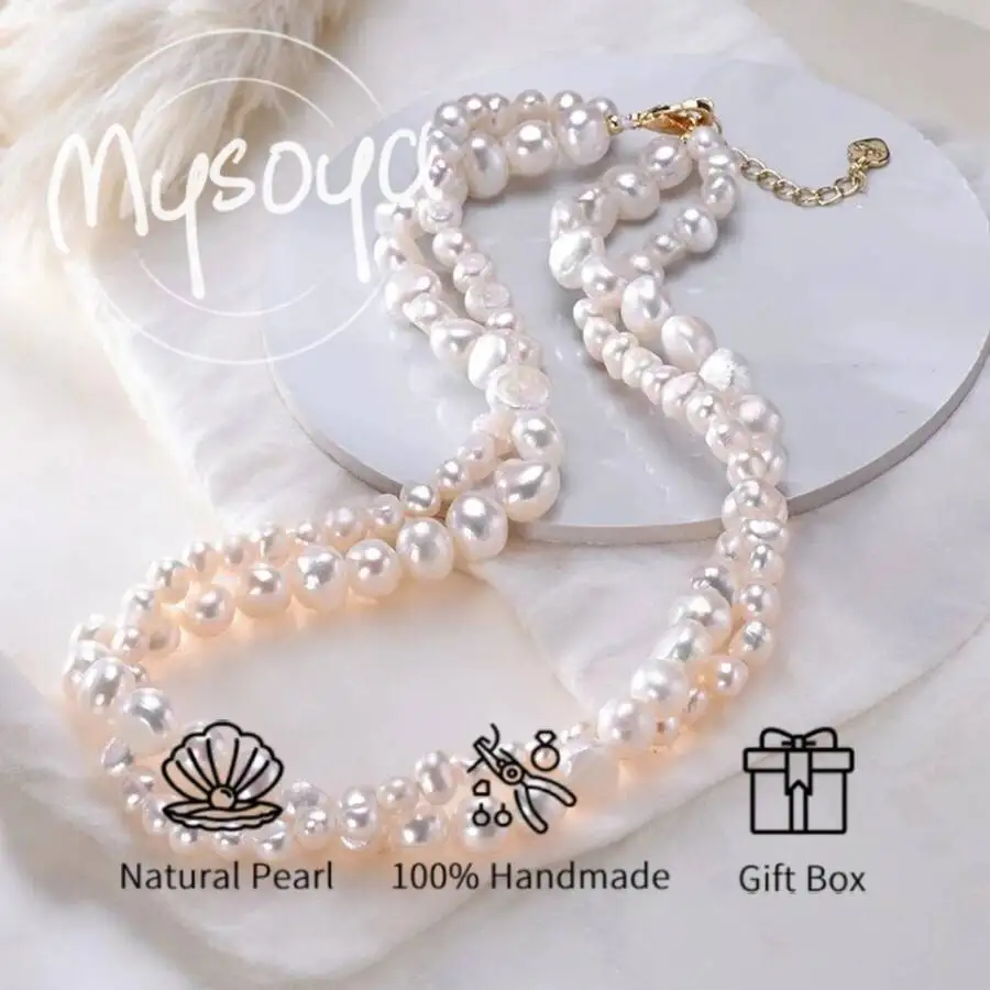 

MYSOYA 5-6mm And 7-8mm Natural White Baroque Freshwater Pearl Necklace Bracelet Set Gift Box Birthday Wedding Jewelry Gift