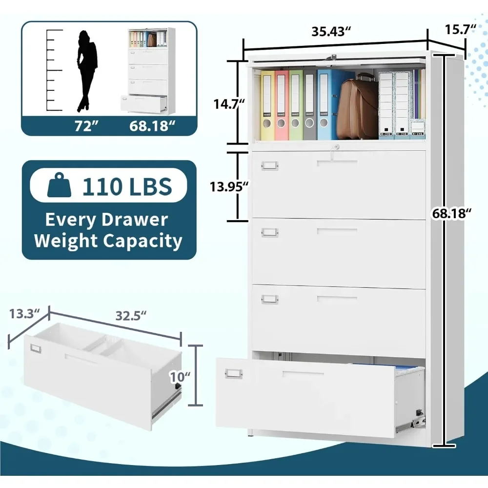 File Cabinet with Shelf and Flip Door, 5 Tier Metal Lateral Filing Cabinets with Lock, 4 Drawer File Cabinet