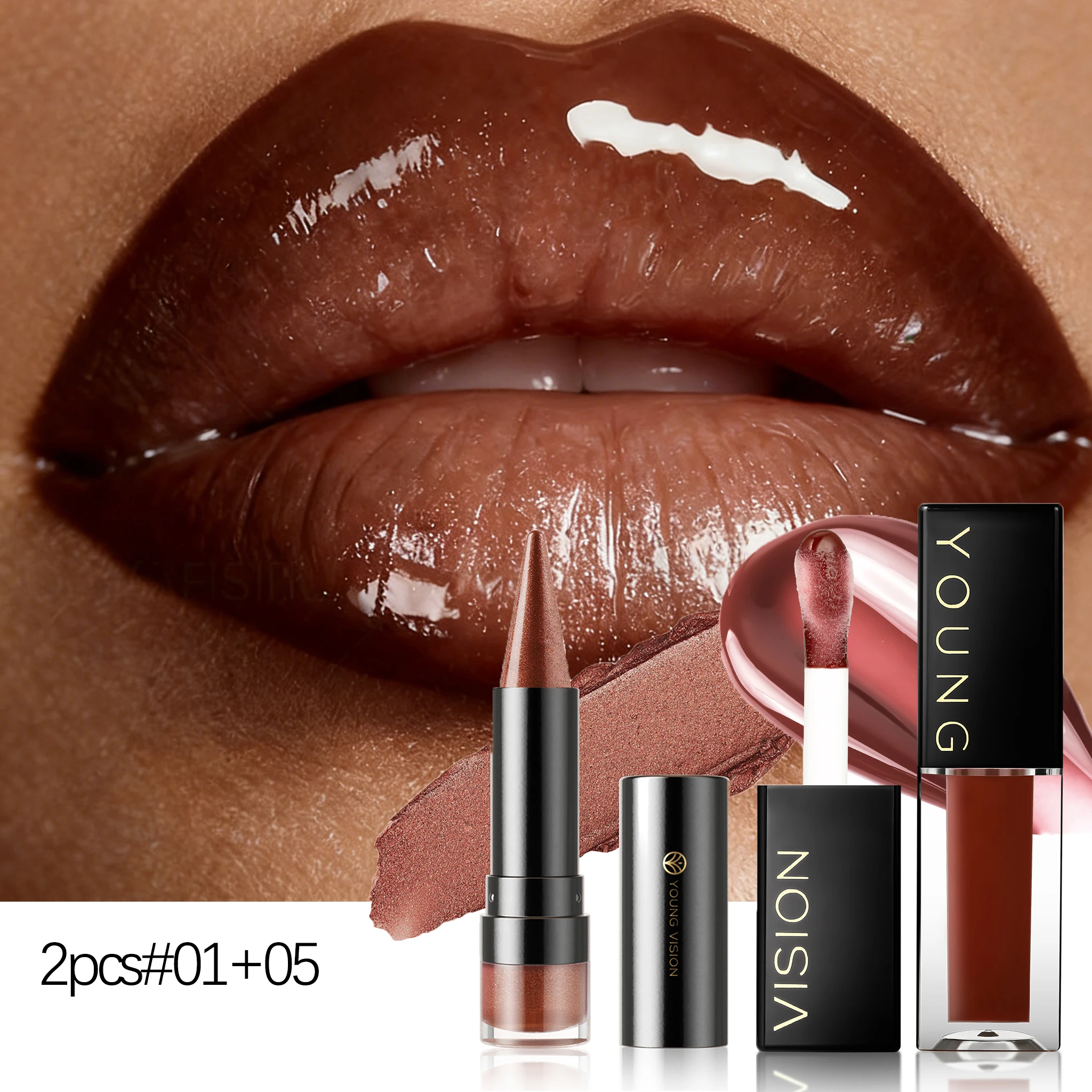 2-in-1 Matte Lip Liner with Shimmer & Glossy Lip Oil Set - Brown Sparkle Liner + Caramel Shine Oil, Long-Lasting Lip Makeup