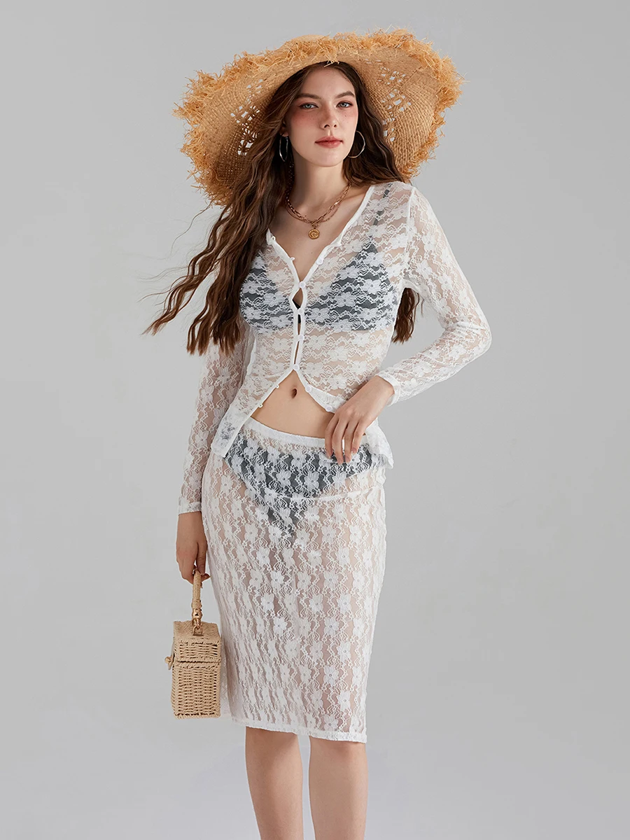 wsevypo See-Through White Lace Mesh 2Piece Dress Sets Women's Long Sleeve Button Down Tops with Wrap Bodycon Skirt Outfits