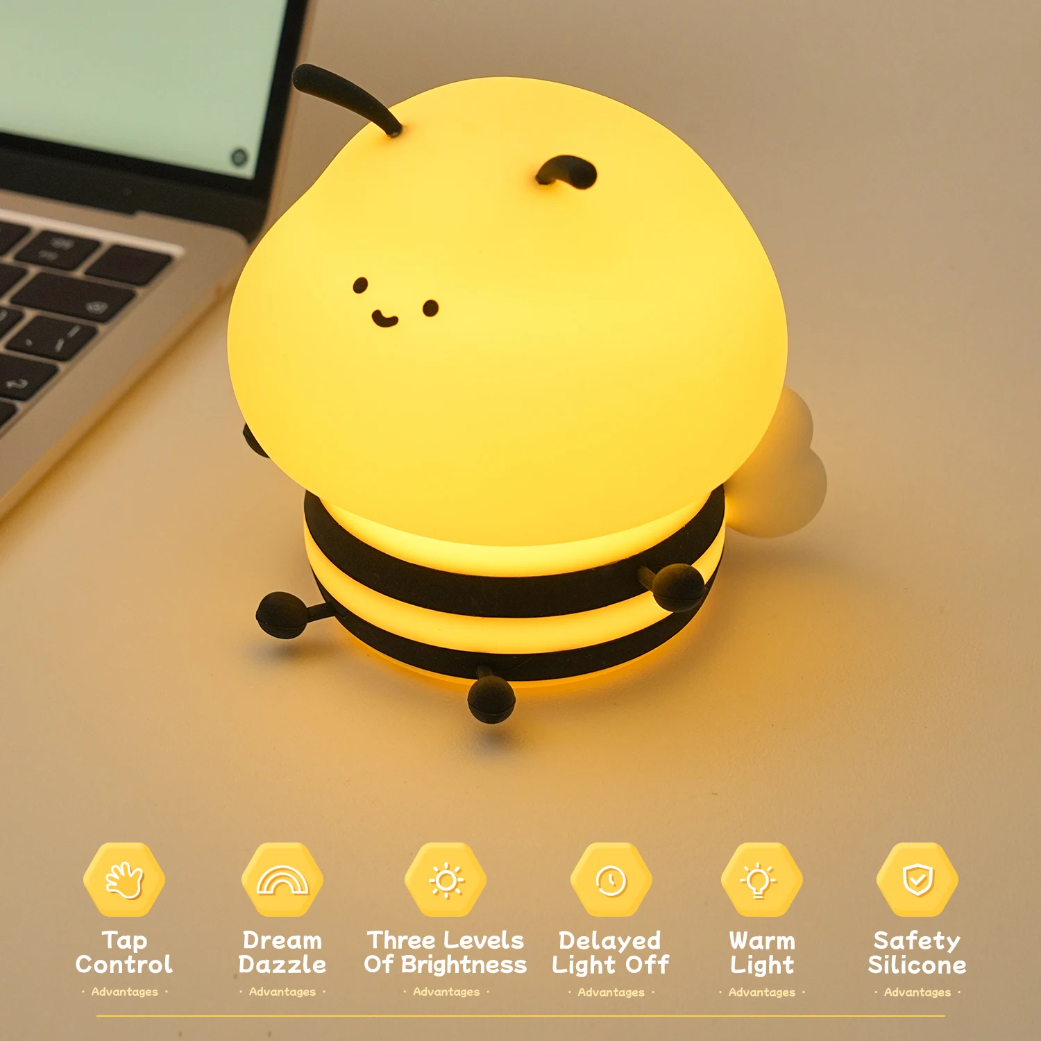 Lessdot Bee Night Light Cute Silicone Night Light Desktop Decorative Lamp Indoor RGB Magic Color Atmosphere Lamp Children\'s Gift