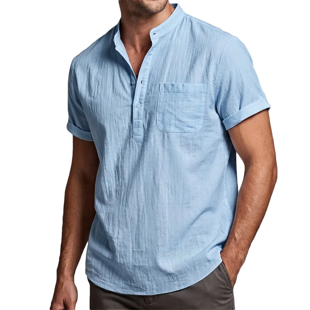 Baumwoll-Leinen-T-Shirt für Herren, einfarbig, atmungsaktiv, leicht, Henley-Ausschnitt, kurze Ärmel, schlichter Stil, lässige Oberteile für Herren