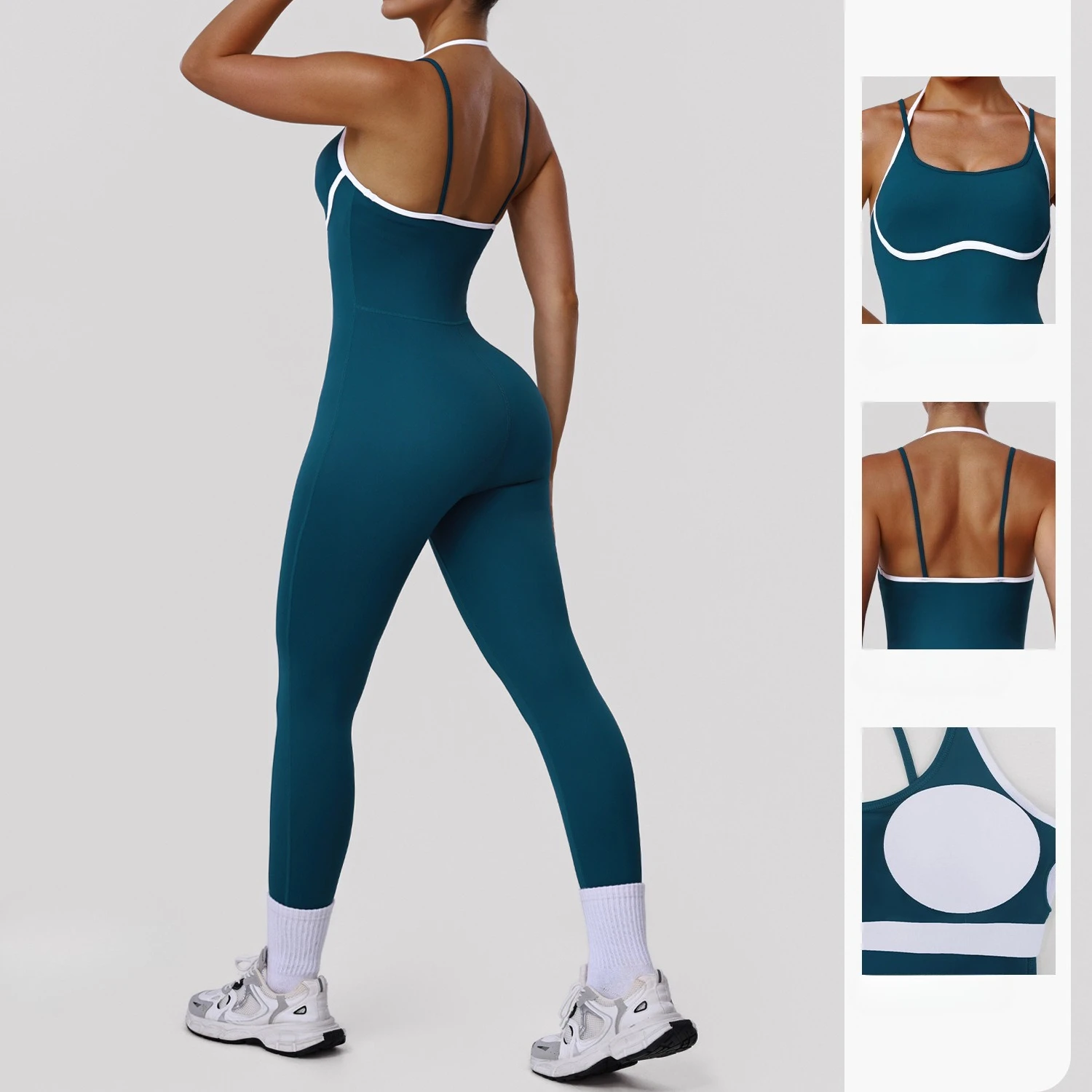 Greenora Aesthetic Gym Jumpsuit Contrast Trim Yoga Bodysuit Seamless Workout Romper Sports Overalls Tracksuit Activewear Romper