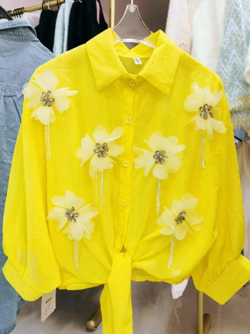

Sparkle Sequines 3D Diamonds Embroidery Sunscreen Blouses Shirts for Women Cardigans Spring Summer Top Korean Popular Clothes