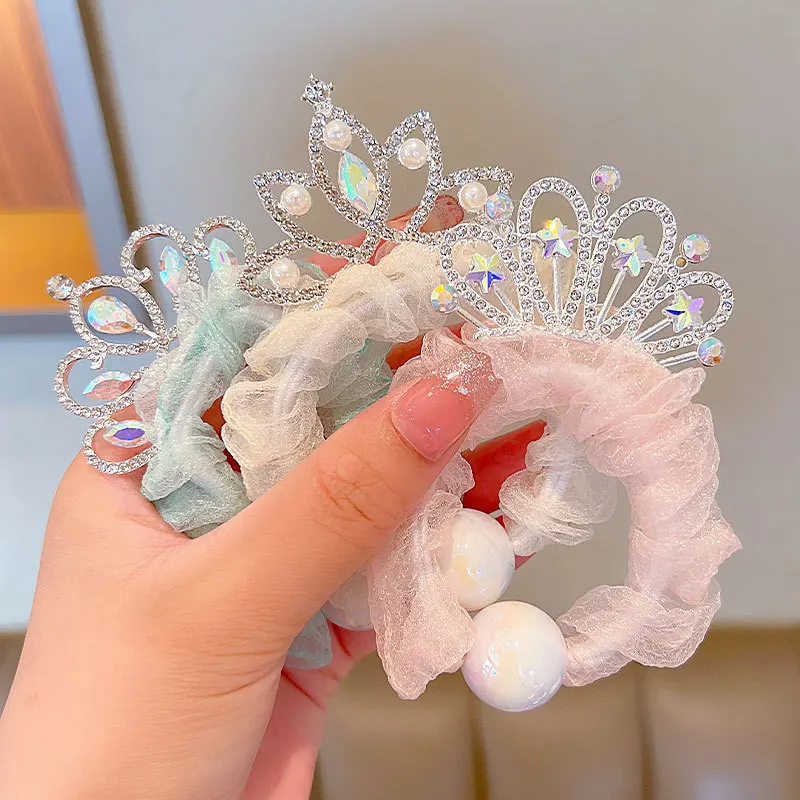 Summer Children\'s Crown Hair Ring Girl Ponytail Ball Scrunchies Rubber Band Girl Pearl Gauze Sweet Cute Headdress Wholesale