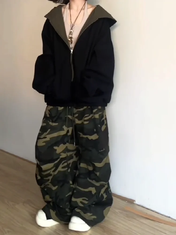 American Style Camouflage Paratrooper Work Pants Women Loose Slimming Drawstring Casual Wide Leg Pants Sweet Cool Girl