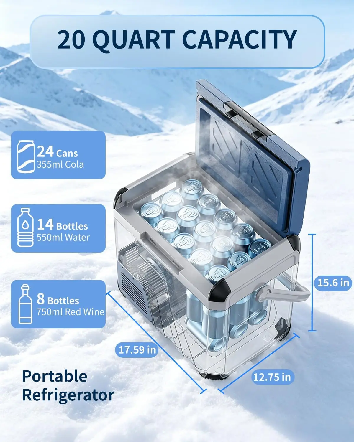 12 Volt Car Refrigerator, 20QT Portable Freezer Fridge, -4℉~68℉ Electric Cooler Compressor Mini Car Fridge for RV Truck SUV