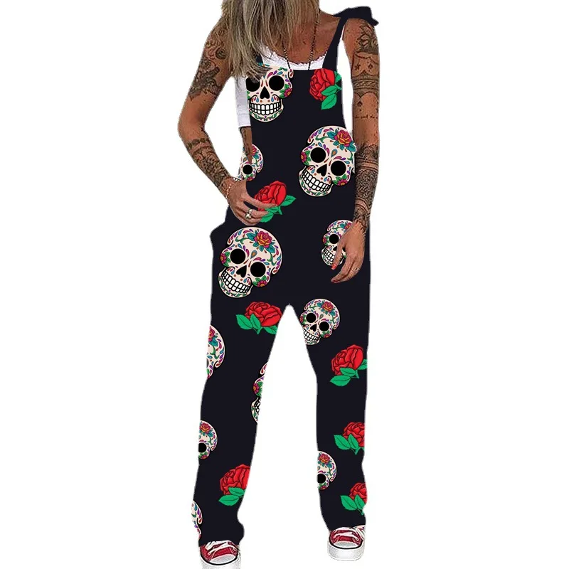 Fashion Gothic Skull Print Jumpsuits Plus Size Women Spaghetti Strap Trouser Sexy Pocket Design Overalls Bodysuit Halloween