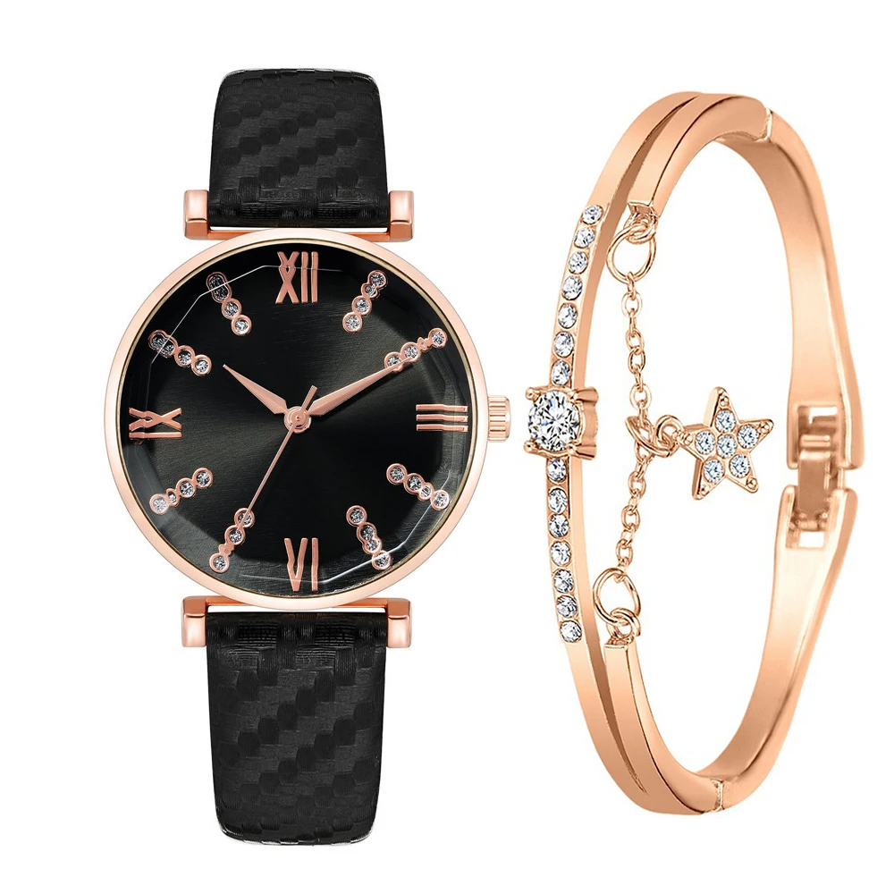 Lujo 2 piezas conjunto de las señoras de marca Relojes de moda número romano con diamantes Mujeres Reloj de cuarzo de cuero negro Relojes de pulsera