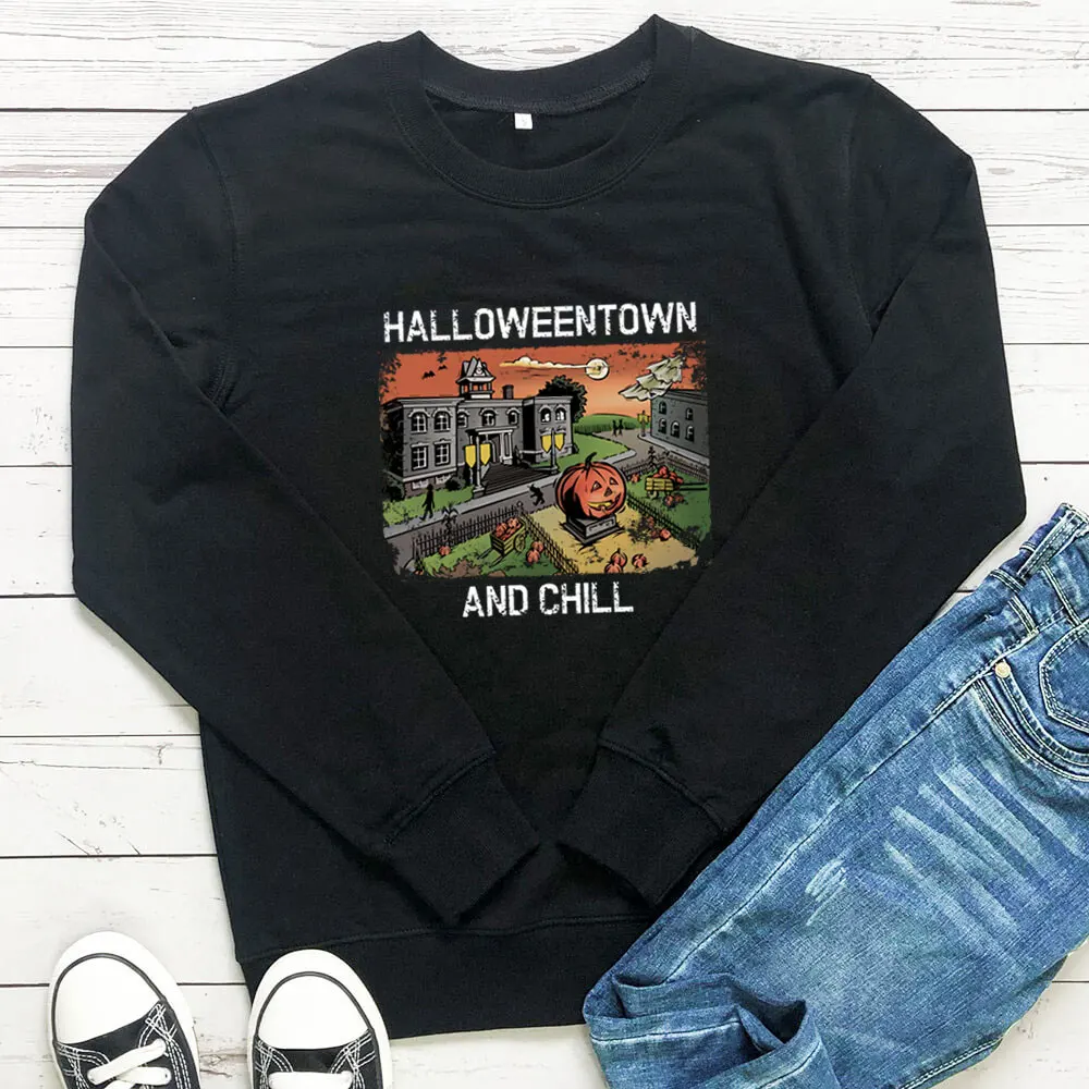 

HalloweenTown Graphic Printed Funny Halloween Sweatshirt 100%Cotton Women Sweatshirt Unisex Autumn Funny Casual Long Sleeve Top