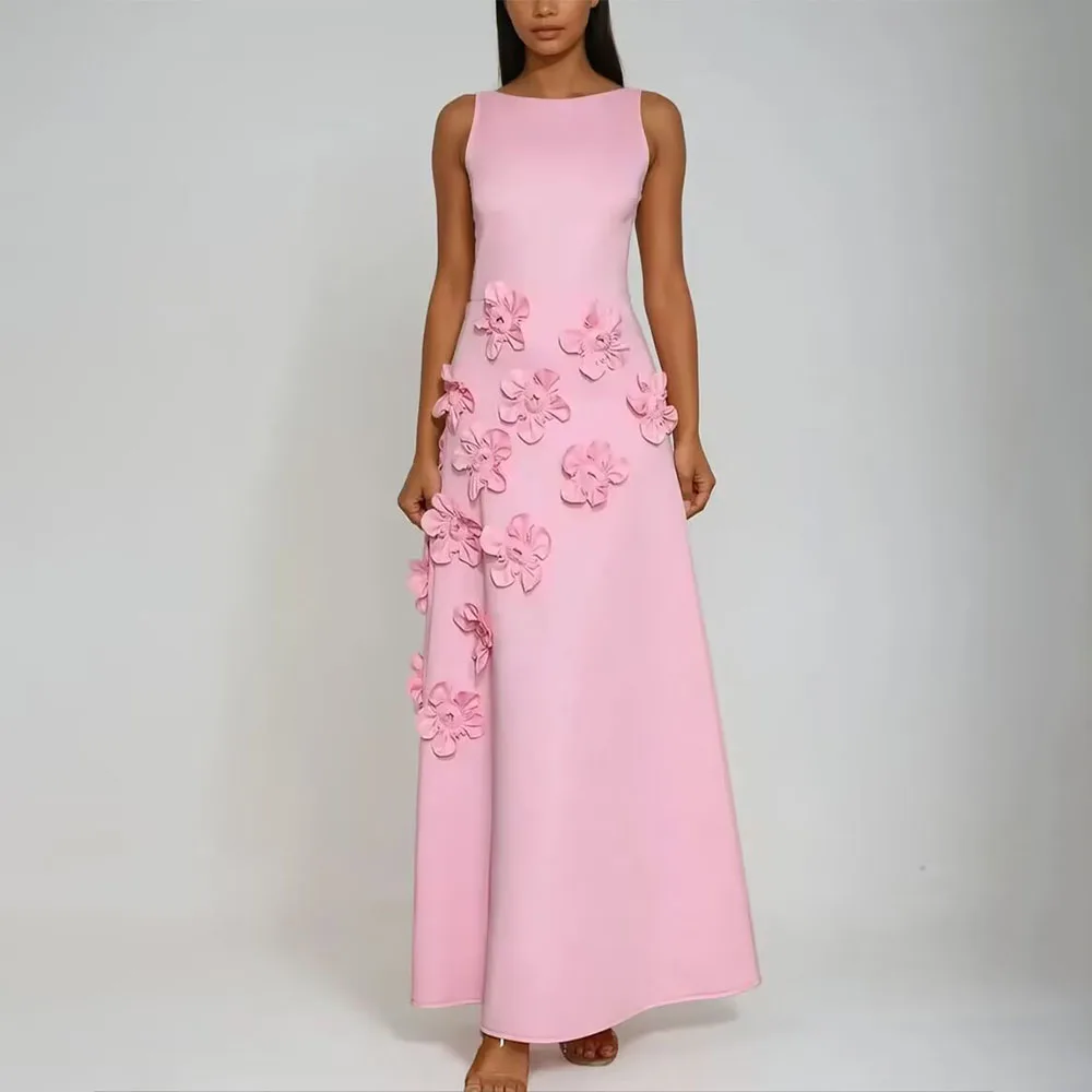 

Customized O-neck Pink Flowers A-line Sleeveless Wedding Party Dresses Evening Dresses Robes De Soirée Pageant Women 원피스 فستان