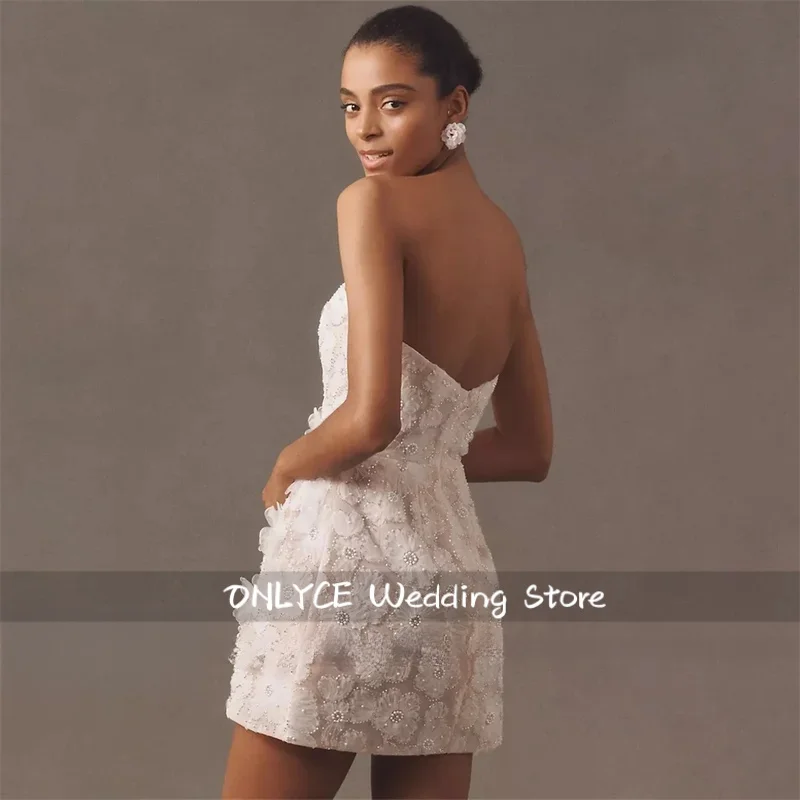 A Line Short Bead Embroidery Lace Wedding Dress Sleeveless Sexy Strapless Bridal Gown Customized Robe de mariée