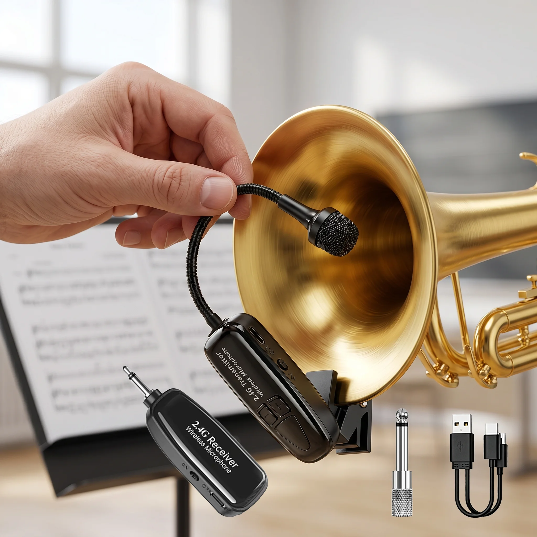 Microfone Sem Fio Miwayer 2.4G, Microfone Condensador Clip-On com Alcance de 30m, Adequado para Saxofone, Trompete e Trombone