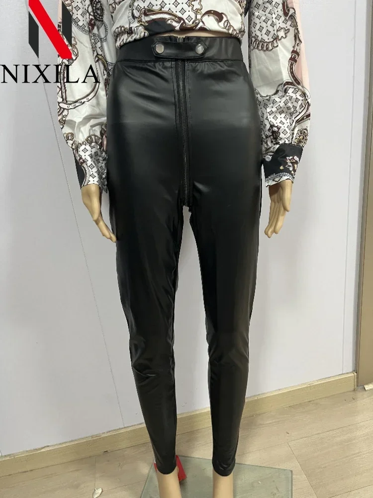 Winter Autumn Sexy Women PU Pants Black Fitness Slim High Waist Pencil Pants Zipper Streetwear Faux Leather Trousers for Women